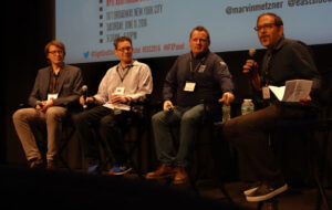 Alex Lemke, left, Ed Mendez and Sean Devereaux joined moderator Ross Shain for the first panel of the day that covered visual effects. Photo by Dan Ochiva