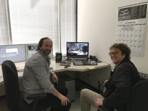 Editor Stephen Rivkin, left, in a one-on-one training session with assistant editor Will Erokan during the Picture Editor Master Class. Photo by Willow Fortin