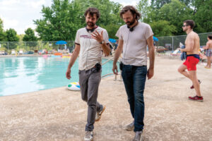 Ross Duffer and Matt Duffer (right) on the set of “Stranger Things”.