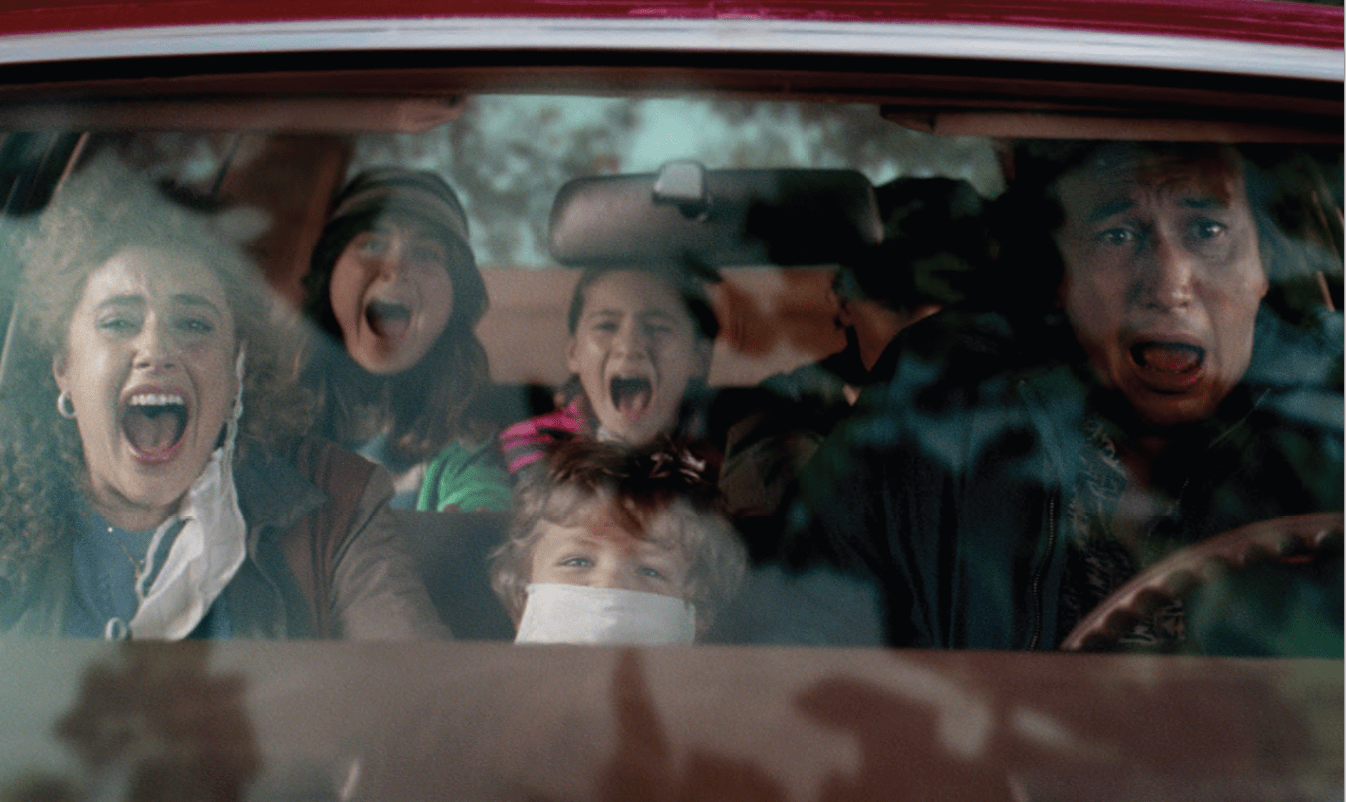 (Front L-R) Greta Gerwig as Babette, Dean Moore/Henry Moore as Wilder and Adam Driver as Jack. (Back L-R) Raffey Cassidy as Denise, May Nivola as Steffie and Sam Nivola as Heinrich in “White Noise.”