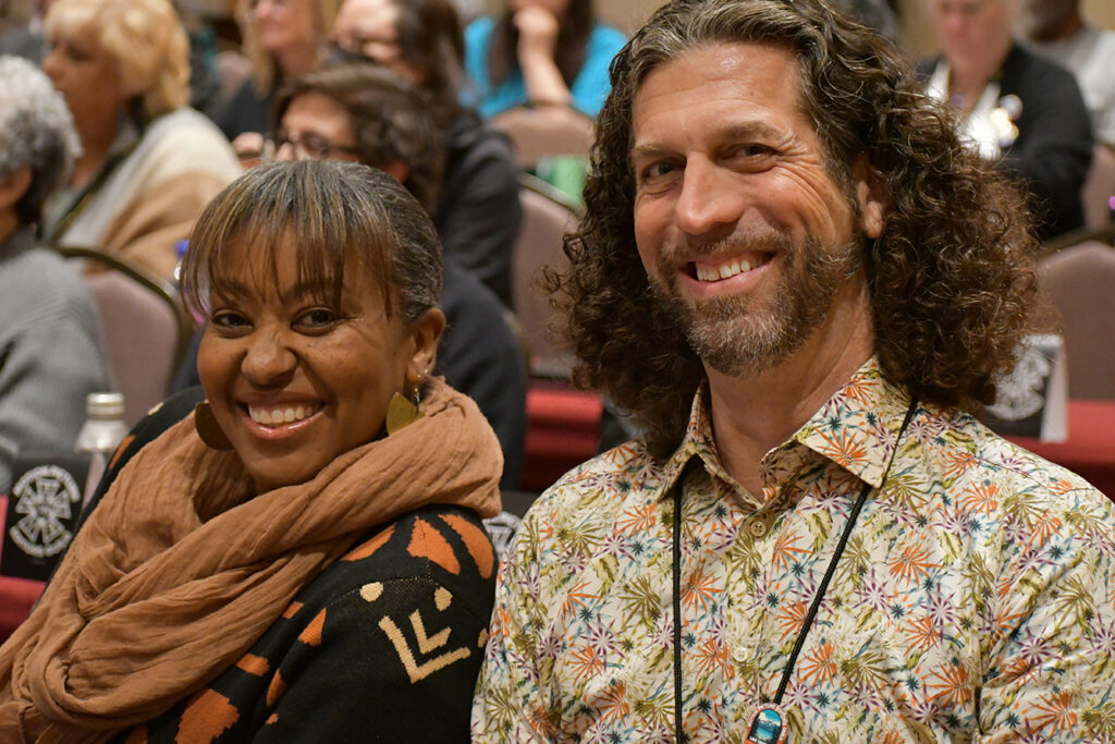 Shannon Baker Davis, left, with first-time delegate Justin Bourret. Photo by F. Hudson Miller.